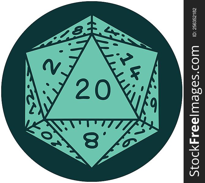 icon of natural 20 D20 dice roll. icon of natural 20 D20 dice roll