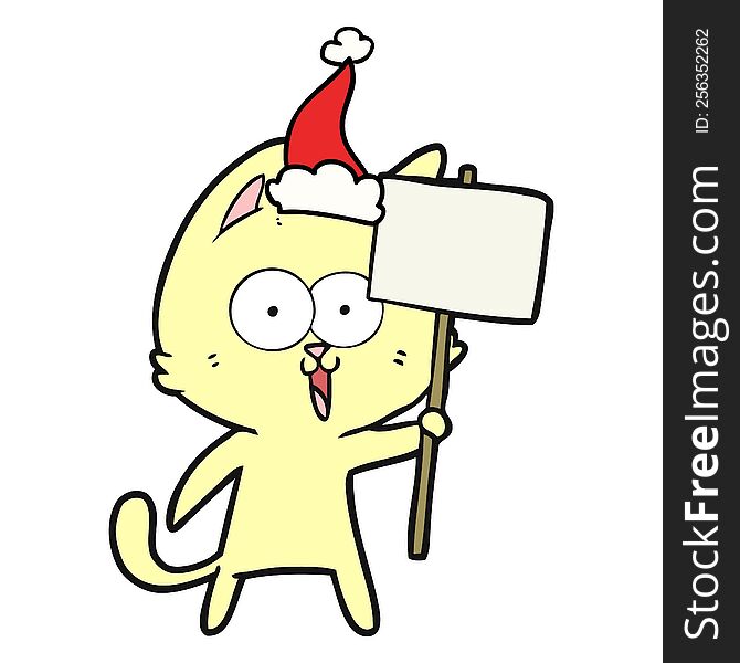 Funny Line Drawing Of A Cat With Sign Wearing Santa Hat