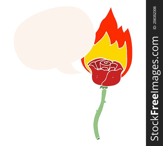 cartoon flaming rose with speech bubble in retro style