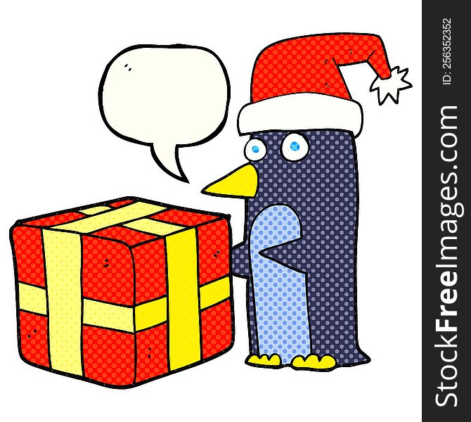 Comic Book Speech Bubble Cartoon Christmas Penguin With Present