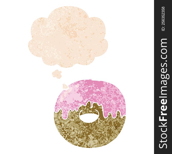 Cartoon Donut And Thought Bubble In Retro Textured Style