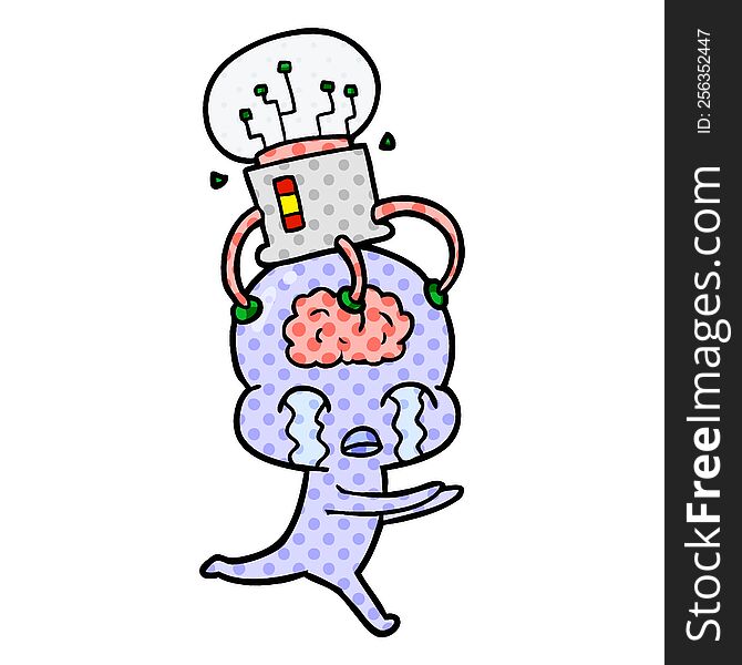 cartoon big brain alien crying with brain interface. cartoon big brain alien crying with brain interface