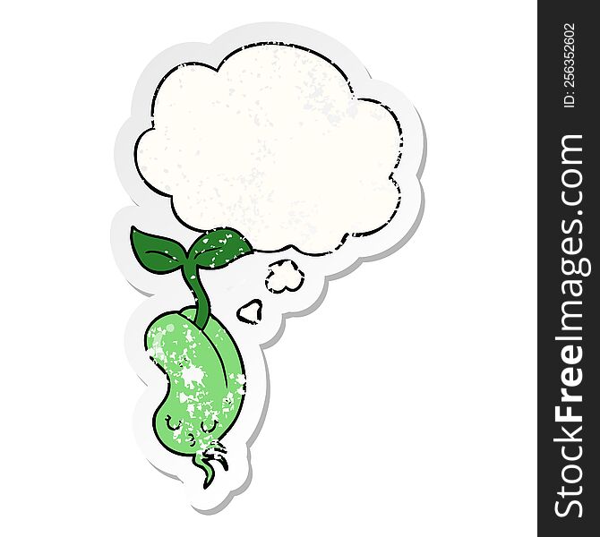 cartoon sprouting bean with thought bubble as a distressed worn sticker