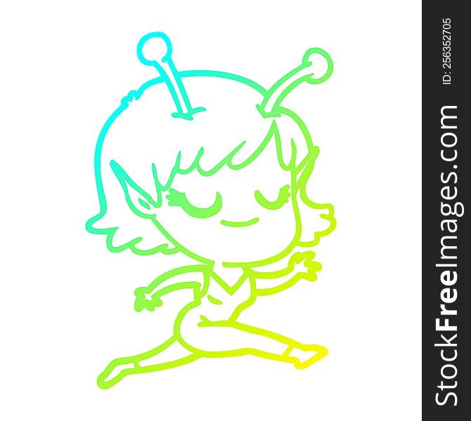 Cold Gradient Line Drawing Smiling Alien Girl Cartoon Running