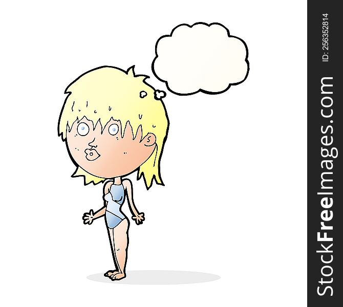 cartoon woman in swimsuit shrugging shoulders with speech bubble