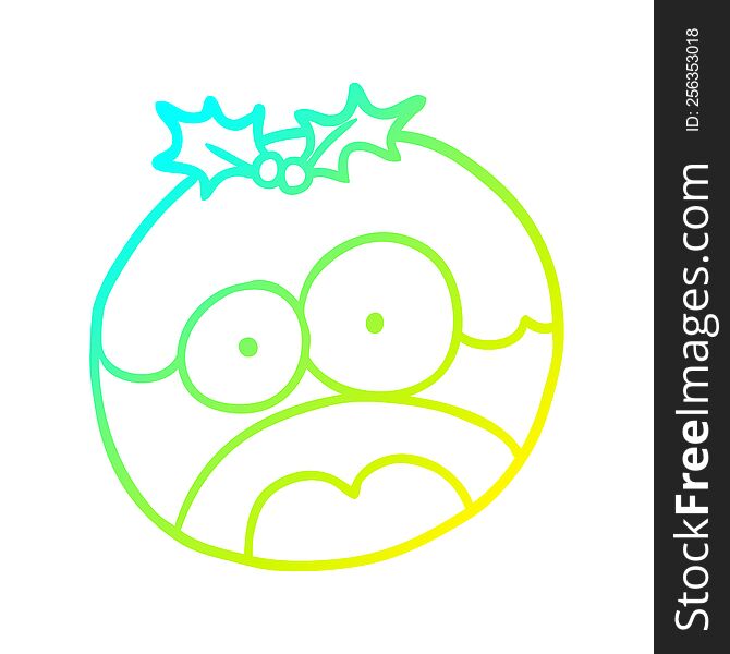cold gradient line drawing of a christmas pudding with shocked face