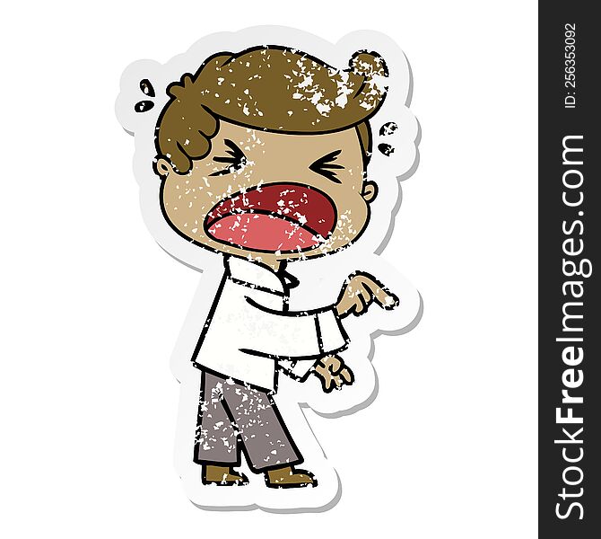 distressed sticker of a cartoon shouting man pointing finger