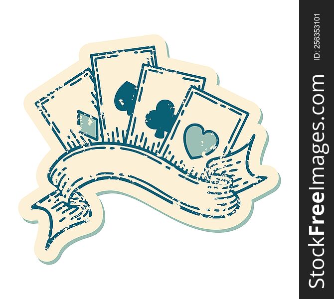 Distressed Sticker Tattoo Style Icon Of Cards And Banner