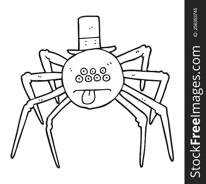 freehand drawn black and white cartoon halloween spider in top hat