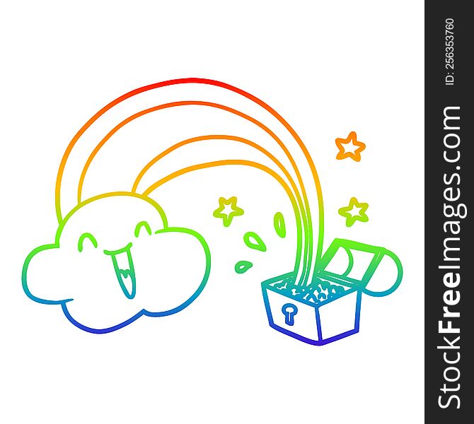 rainbow gradient line drawing of a cartoon rainbow and pot of gold