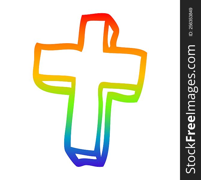 rainbow gradient line drawing of a cartoon gold cross