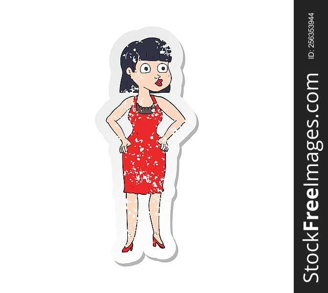 Retro Distressed Sticker Of A Cartoon Woman In Dress With Hands On Hips