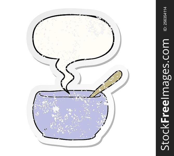 cartoon soup bowl with speech bubble distressed distressed old sticker. cartoon soup bowl with speech bubble distressed distressed old sticker