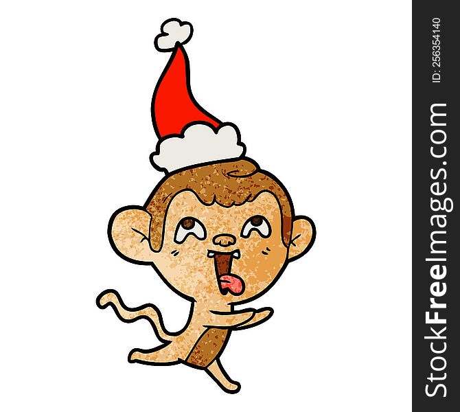 crazy hand drawn textured cartoon of a monkey running wearing santa hat. crazy hand drawn textured cartoon of a monkey running wearing santa hat