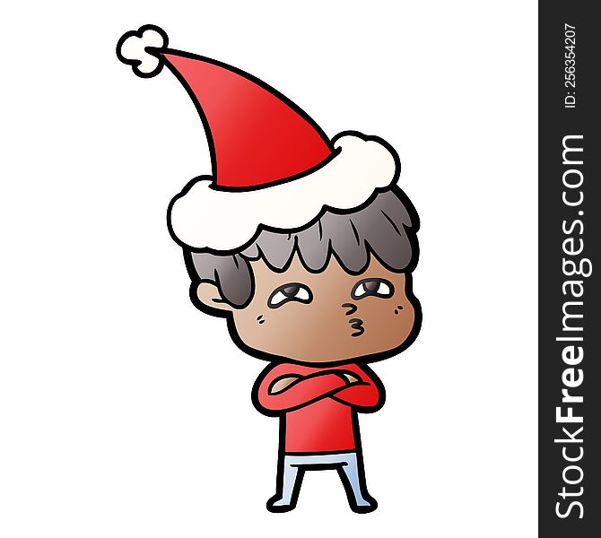 hand drawn gradient cartoon of a curious man wearing santa hat