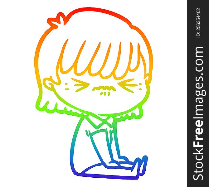 Rainbow Gradient Line Drawing Annoyed Cartoon Girl Sitting