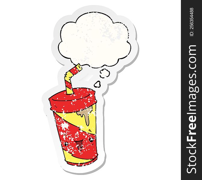 cute cartoon soda with thought bubble as a distressed worn sticker