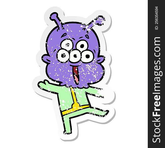 Distressed Sticker Of A Happy Cartoon Alien Dancing