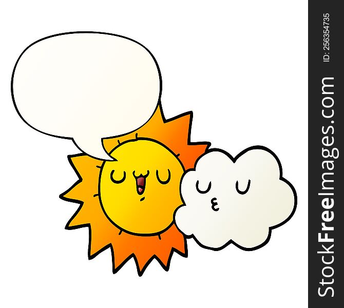 cartoon sun and cloud with speech bubble in smooth gradient style