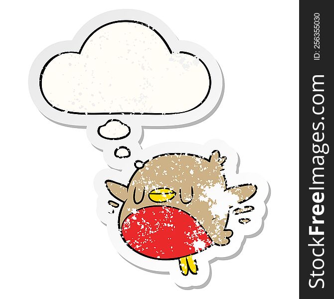 cartoon christmas robin with thought bubble as a distressed worn sticker