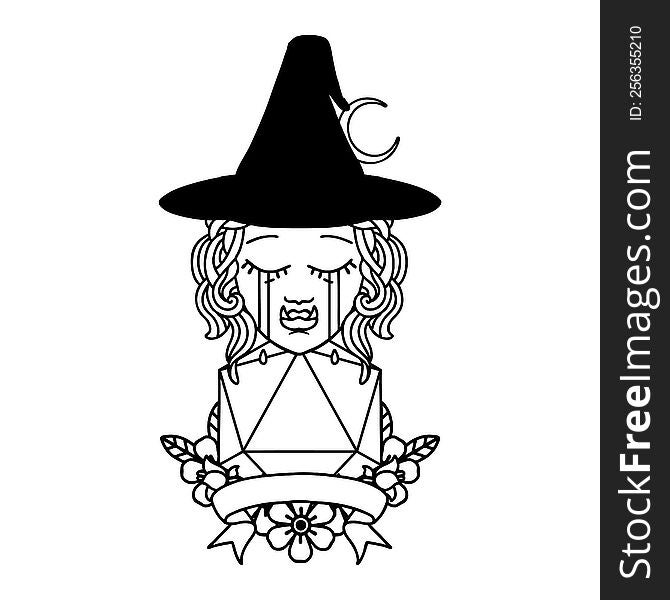 Black and White Tattoo linework Style crying half orc witch character with natural one roll. Black and White Tattoo linework Style crying half orc witch character with natural one roll