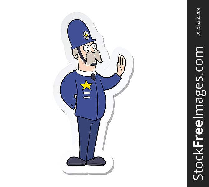 sticker of a cartoon policeman making stop gesture