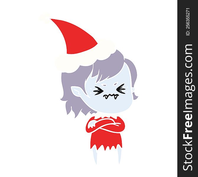 annoyed hand drawn flat color illustration of a vampire girl wearing santa hat