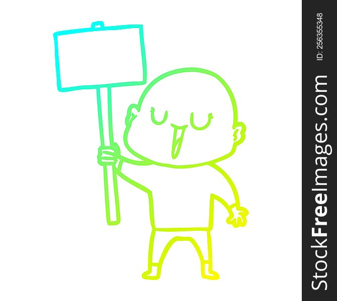 cold gradient line drawing of a happy cartoon bald man with sign