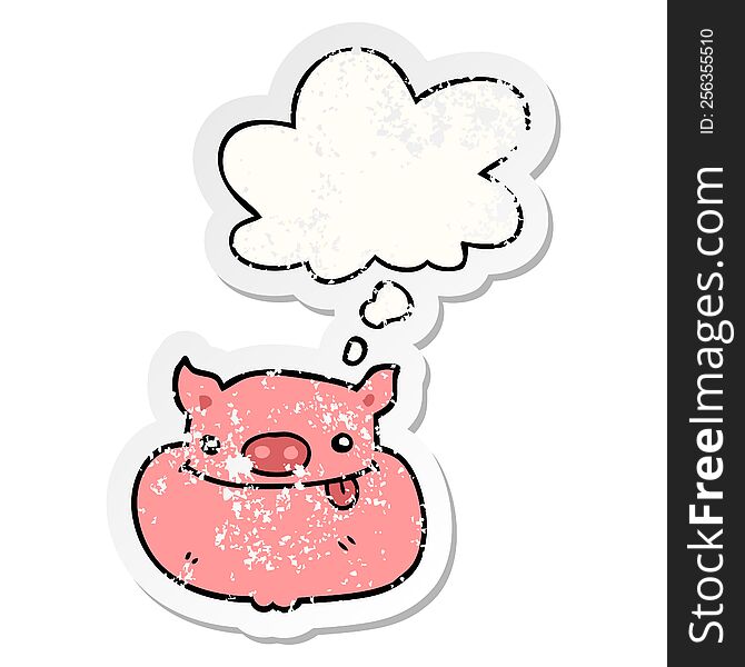 cartoon happy pig face with thought bubble as a distressed worn sticker