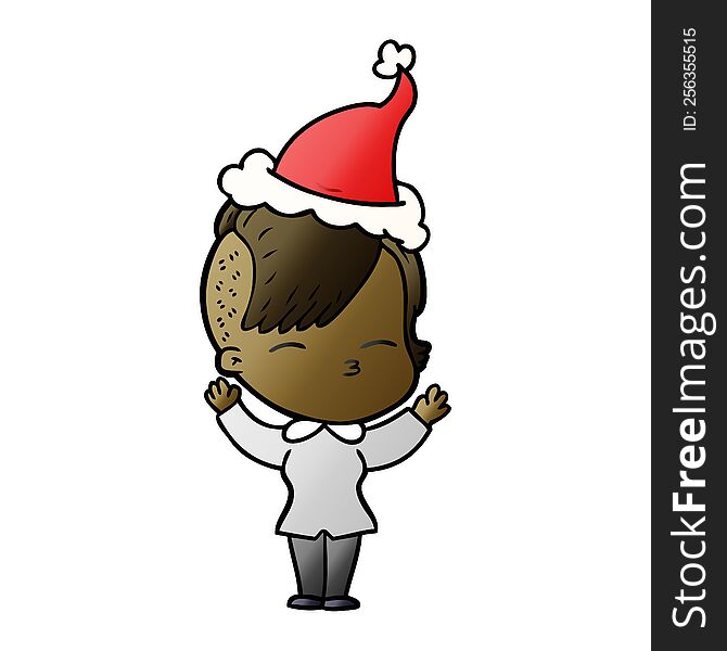 Gradient Cartoon Of A Squinting Girl Wearing Santa Hat