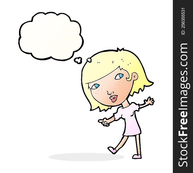 Cartoon Happy Girl Gesturing To Follow With Thought Bubble