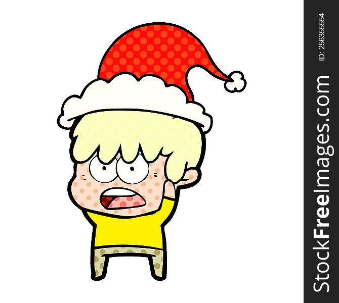 worried hand drawn comic book style illustration of a boy wearing santa hat