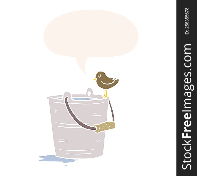Cartoon Bird Looking Into Bucket Of Water And Speech Bubble In Retro Style