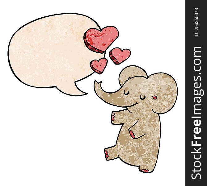 Cartoon Elephant And Love Hearts And Speech Bubble In Retro Texture Style