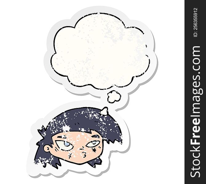 cartoon scratched up face with thought bubble as a distressed worn sticker