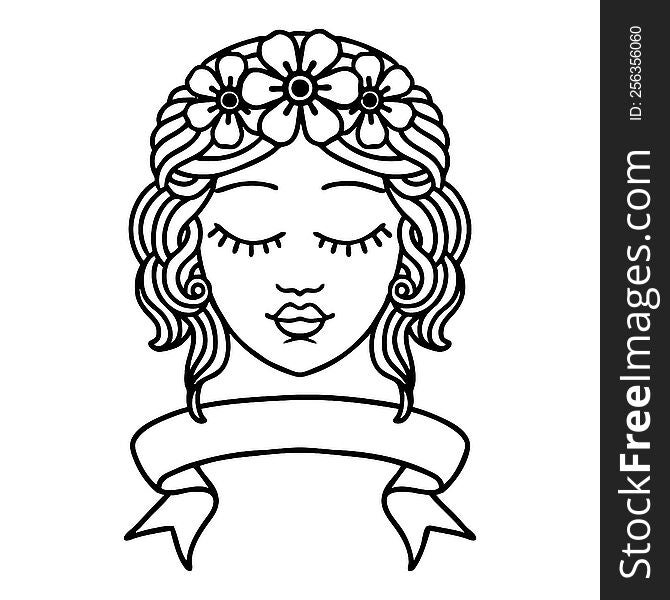 black linework tattoo with banner of female face with eyes closed