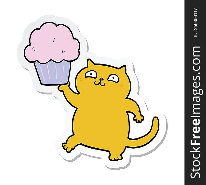 Sticker Of A Cartoon Cat With Cupcake