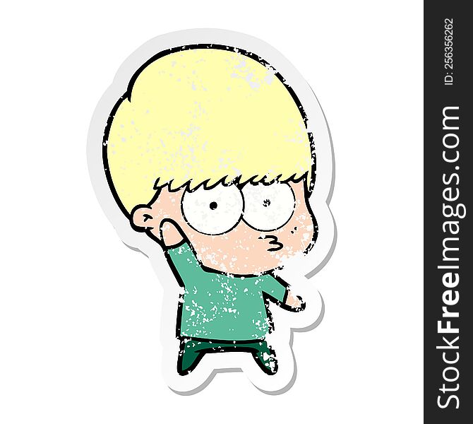 Distressed Sticker Of A Nervous Cartoon Boy Waving