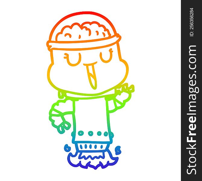 Rainbow Gradient Line Drawing Happy Cartoon Robot Flying