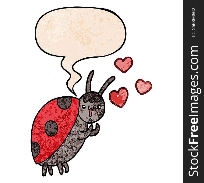 Cute Cartoon Ladybug In Love And Speech Bubble In Retro Texture Style