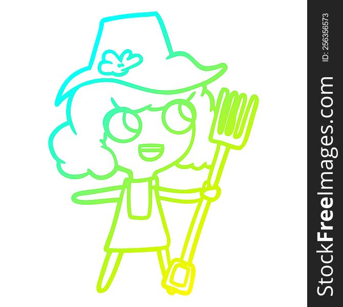 Cold Gradient Line Drawing Cartoon Farmer Girl With Fork