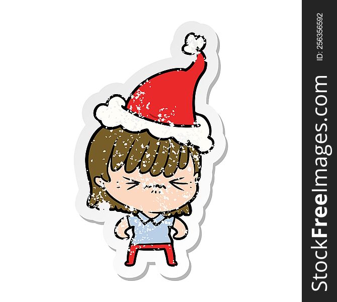 annoyed hand drawn distressed sticker cartoon of a girl wearing santa hat. annoyed hand drawn distressed sticker cartoon of a girl wearing santa hat
