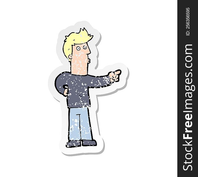 Retro Distressed Sticker Of A Cartoon Curious Man Pointing