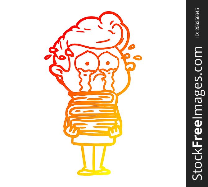 warm gradient line drawing cartoon crying student with stack of books