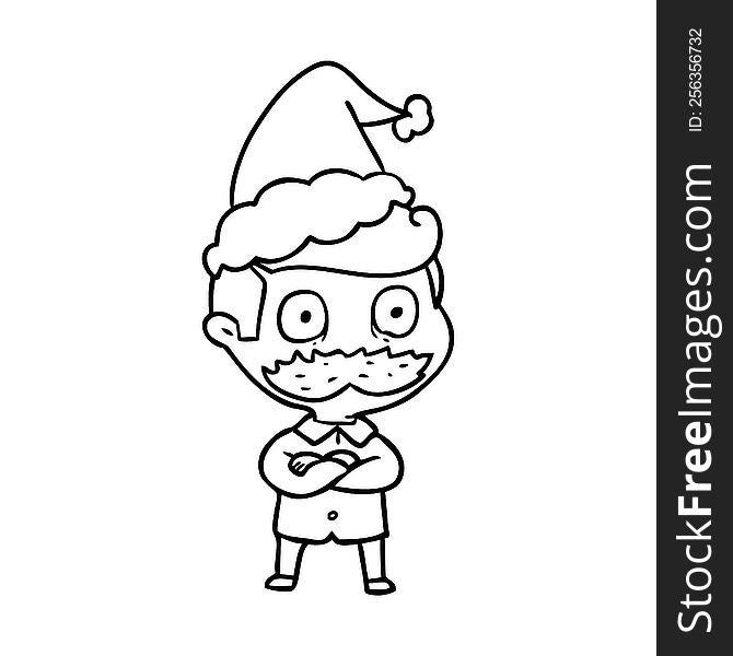 Line Drawing Of A Man With Mustache Shocked Wearing Santa Hat