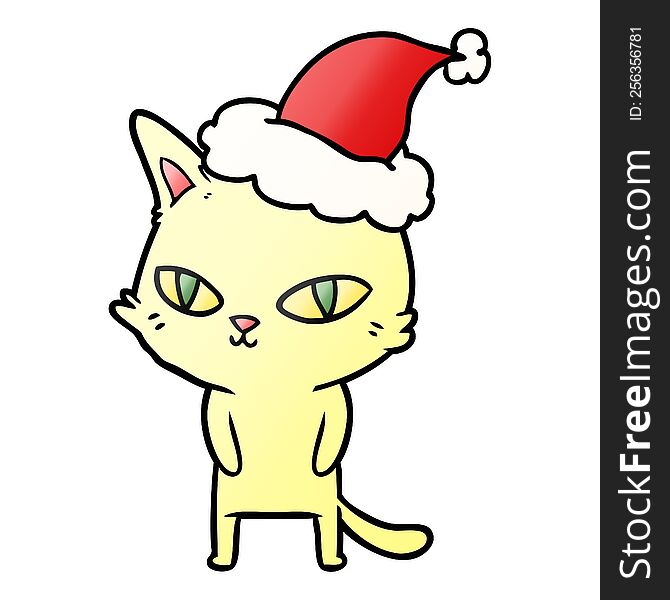 hand drawn gradient cartoon of a cat with bright eyes wearing santa hat