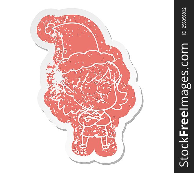 quirky cartoon distressed sticker of a elf girl staring wearing santa hat