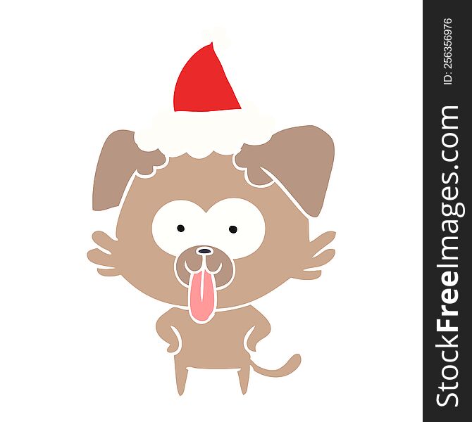 hand drawn flat color illustration of a dog with tongue sticking out wearing santa hat