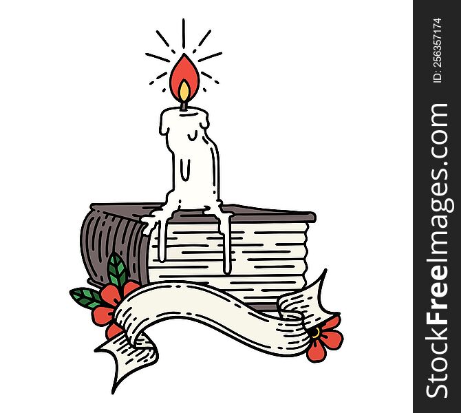 scroll banner with tattoo style candle melting on book