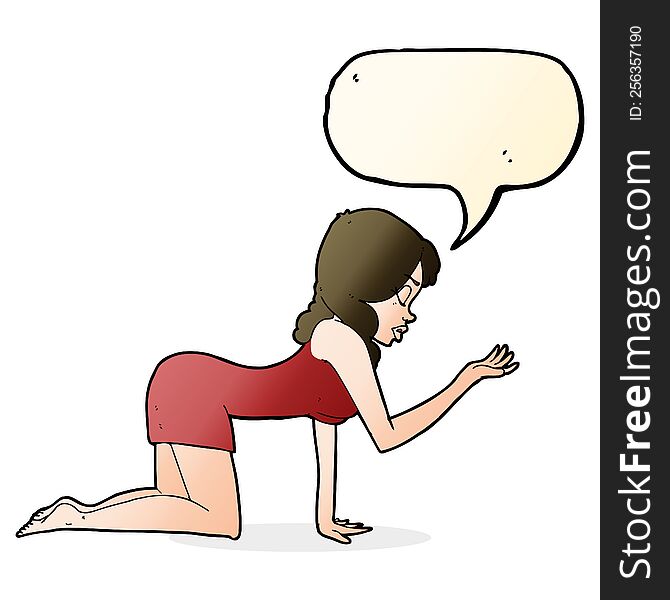 cartoon woman on all fours with speech bubble